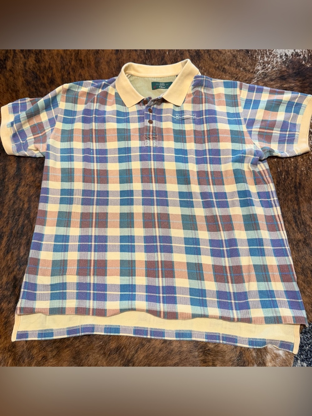 Vintage Orvis Polo Shirt Mens XXL Beige Blue Plaid Cotton Knit Casual Summer